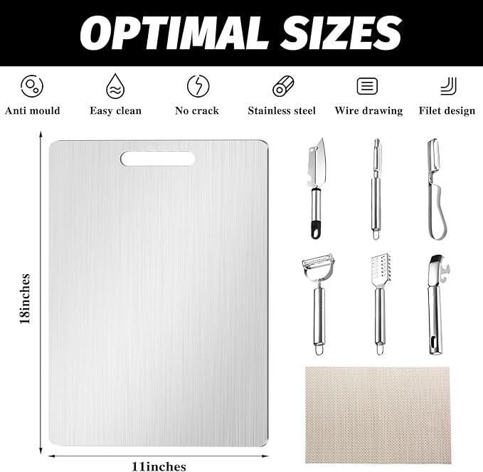 New Upgraded Titanium Cutting Board, Stainless Steel Cutting Boards For Kitche, Dishwasher Safe Double-sided Chopping Board with Peeler and Anti-slip Mat(18"L x 12"W)