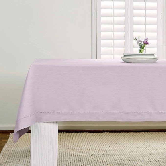 Solino Home Lilac Linen Tablecloth 52 x 52 Inch - 100% Pure Linen Square Table Throw - Classic Hemstitch, Machine Washable Table Cloth for Summer