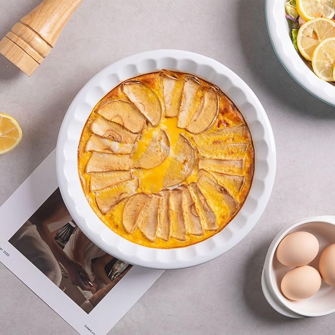 Sweejar Ceramic 10.4 Inch Pie Pan, Deep Porcelain Round Dish, Non-Stick Baking Plate for Pumpkin and Apple Pies, Farmhouse Design (White)