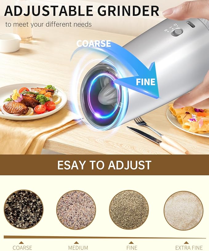 CIRCLE JOY Gravity Electric Salt and Pepper Grinder Set with 2-Speed, Rechargeable Salt and Pepper Grinder Set, Adjustable Coarseness, Whiet LED Light