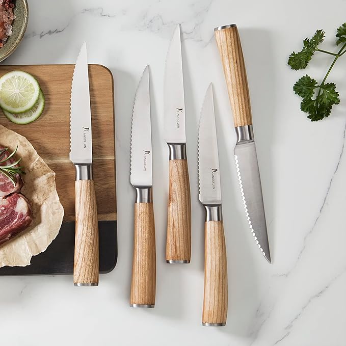 Natura Series 4.5” Serrated Steak Knife Set of 8, High Carbon Stainless Steel, Wooden Handle