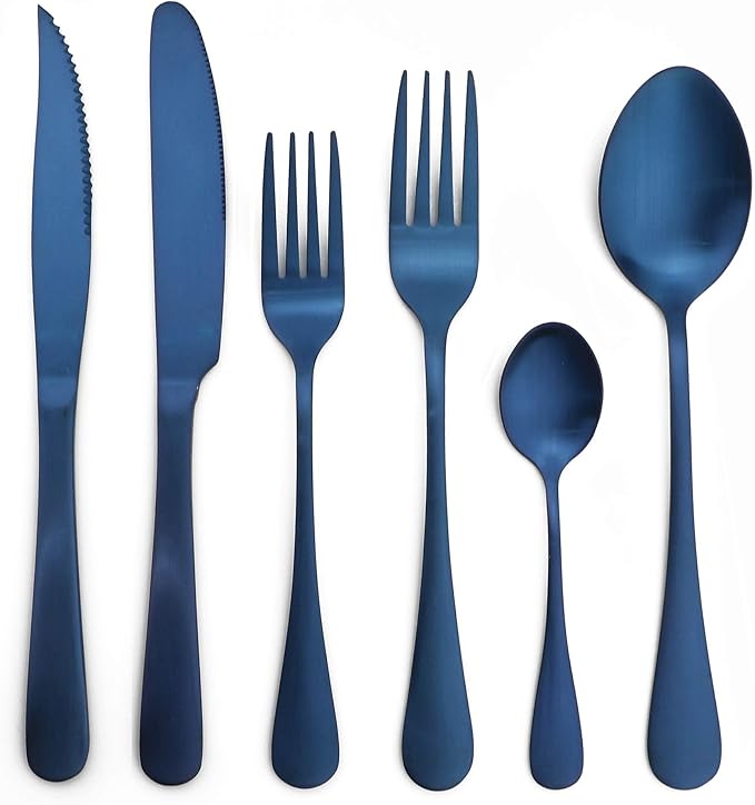 24-Piece Stainless Steel Flatware Set, Matte Colorful Blue Finish, Service for 4