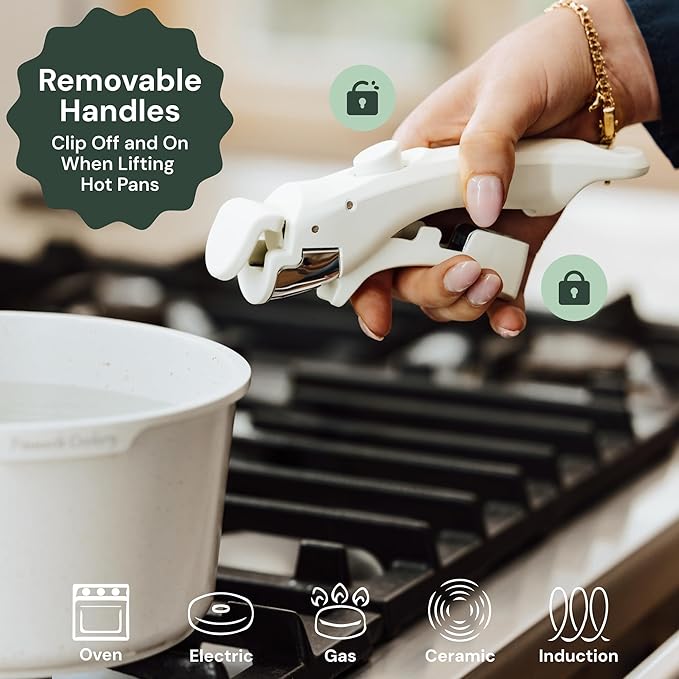 15-Piece White Granite Nonstick Cookware Set – Detachable Handles & Tempered Glass Lids – Stackable & Cool-Touch - Induction & Oven Safe to 480°F - Scratch-Resistant, PFOA & PFOS-Free