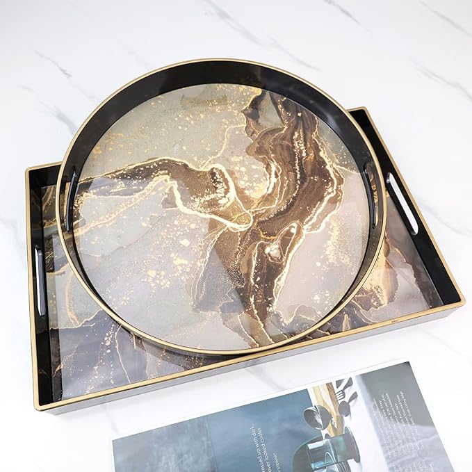 Round Black Marbling Decorative Tray with Handles, 13" Morden Plastic Serving Tray for Coffee Table Bathroom, Ottoman, Home Decor