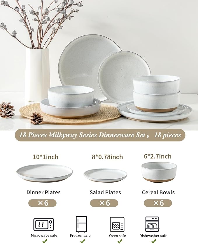 Hasense Plates and Bowls Sets, 18 Pieces Modern Porcelain Dishes Sets Service for 6, Stoneware Dinnerware Sets with Speckled Pattern, Scratch Resistant Microwave and Dishwasher Safe, White