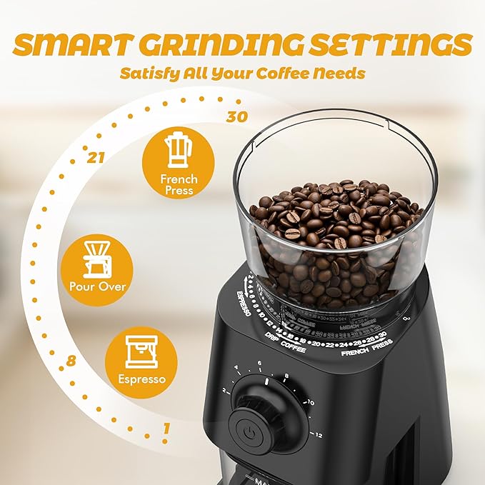 Coffee Grinder Electric, Coffee Beans Grinder for Home Use with 30 Grind Settings - 12 Cups Capacity for Espresso, Drip & Americano, Black