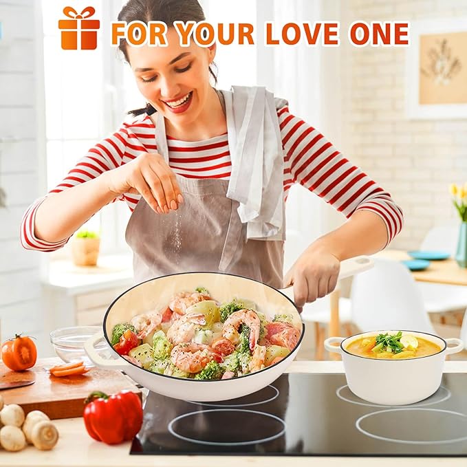 Enameled Cast Iron Cookware Set, 5-Piece Ceramic Coated Pots & Pans with Dutch Oven and Lid, PFAS/PTFE/PFOA-Free, Induction Gas Oven Safe, Cream White Cookware Set