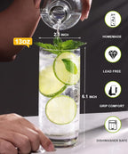 LUNA & MANTHA Highball Glasses Set of 4, 13 OZ Drinking Glass, Lead-Free Crystal Water Glassware, Tall Glass Cups for Mojito, Tom Collins, Cocktail, Home Bar