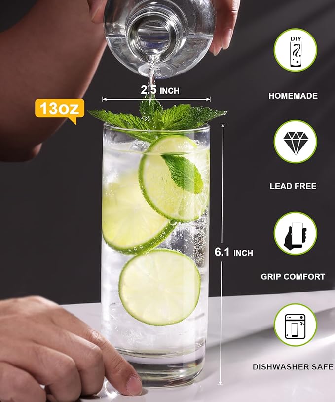 LUNA & MANTHA Drinking Glasses Set of 6, 12 OZ Highball Glasses, Lead-Free Crystal Water Glassware, Tall Glass Cups for Cocktail, Mojito, Iced Tea, Bar Glassware