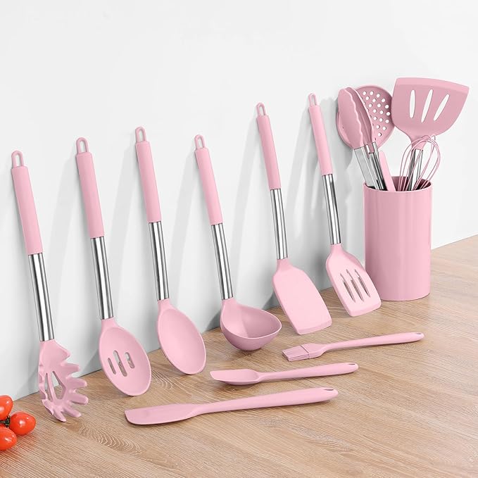 Silicone Utensils Set, Onader 15pcs Kitchen Cooking Utensils with Holder, Non-stick Cookware with Stainless Steel Handle, Kitchen Gadgets Tools Gift - Pink