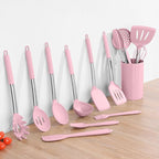 Silicone Utensils Set, Onader 15pcs Kitchen Cooking Utensils with Holder, Non-stick Cookware with Stainless Steel Handle, Kitchen Gadgets Tools Gift - Pink