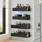 Cosy Family 4-Pack Strong Magnetic Metal Spice Rack Organizer for Refrigerator & Oven - Rustproof Black Fridge Shelves with Hooks for Kitchen Storage & Organization
