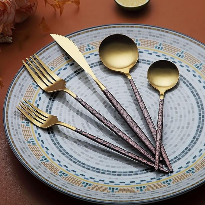Silverware 20 Pieces, Moon Surface Handle and Matte Gold Head Flatware, Stainless Steel Cutlery Set, Utensils, Service for 4