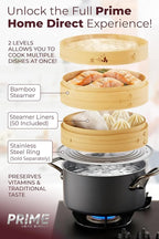 Prime Home Direct Bamboo Steamer Basket 8-Inch | 2-Tier Steamer for Cooking | 50 Liners | Small Instant Steaming Cookware Asian Food, Bao Buns, Chinese, Dim Sum, Dumpling, Rice, Vegetable Steam Pot