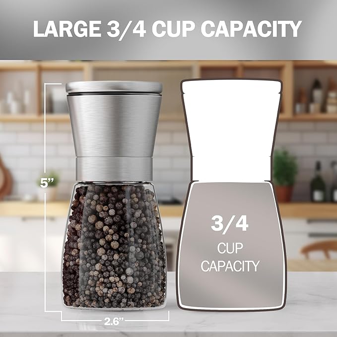 HOME EC Original Stainless Steel Salt or Pepper Grinder 1pk - Adjustable Ceramic Sea Salt Grinder or Pepper Mill - Tall Glass Spice Shaker - Spice Mill w/EBook