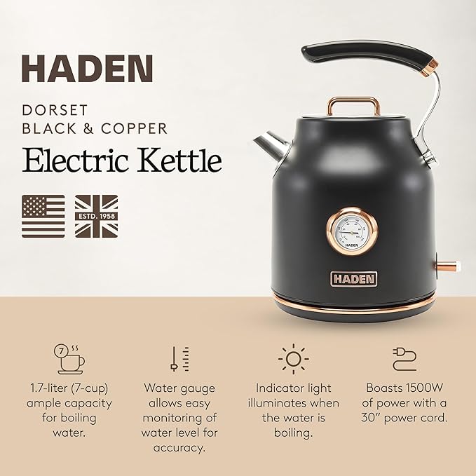 Haden Dorset 1.7 Liter Stainless Steel Electric Kettle, Hot Water Kettle with 360-Degree Base and Auto Shutoff, Black & Copper