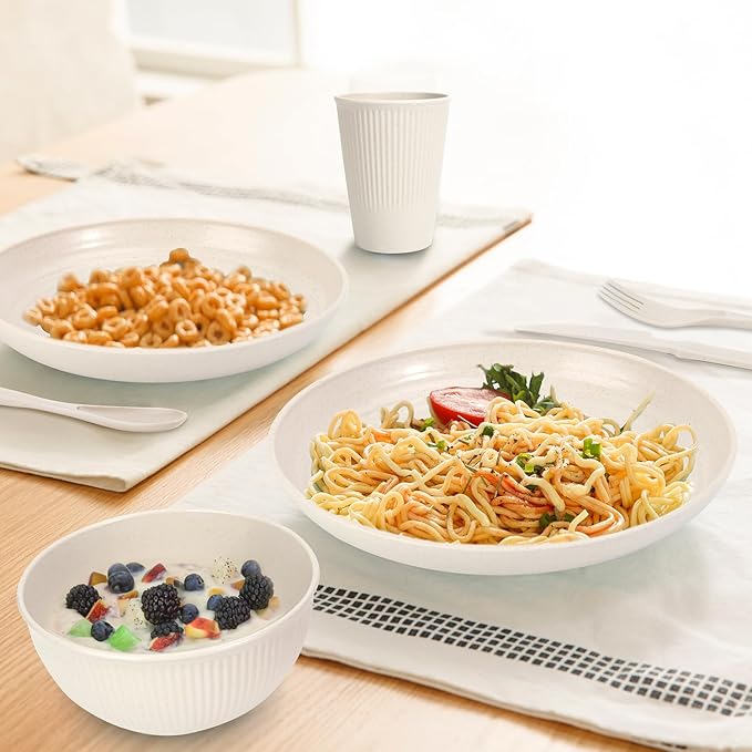 LAERJIN 56 Piece Wheat Straw Dinnerware Sets,Unbreakable Reusable Dinnerware Set,Dishwasher & Microwave Safe Plates and Bowls Sets, for Apartment Essentials, Outdoor Camping, Beige White