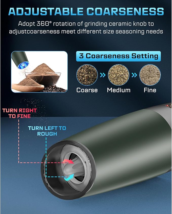 XinXu Gravity Electric Salt and Pepper Grinder Set, Automatic Mill Grinder Shaker,Battery-Operated, Adjustable Coarseness, Stainless Steel, LED Light, One Hand Operated,Dark Green