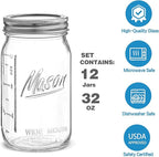 Wide Mouth Mason Jars 32 oz - 12 Pack Large Glass Mason Jars with Airtight Lids and Bands, 1 Quart Glass Jars for Pickling, Canning, Fermenting and Food Storage, Microwave & Dishwasher Safe