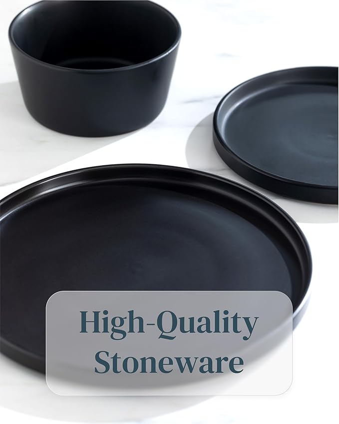 Matte Black Stoneware Dinnerware Set - Stylish Dessert & Appetizer Plates (7.5' Set of 4), Dishwasher & Microwave Safe