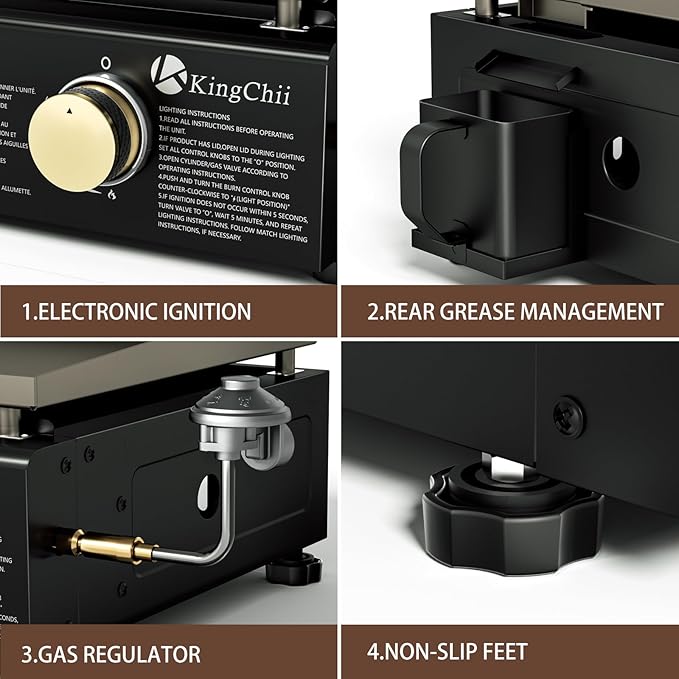 KingChii 28" Tabletop 3-Burner Griddle Portable Gas Grill with Rear Grease Trap, Powder Coated Steel, Black