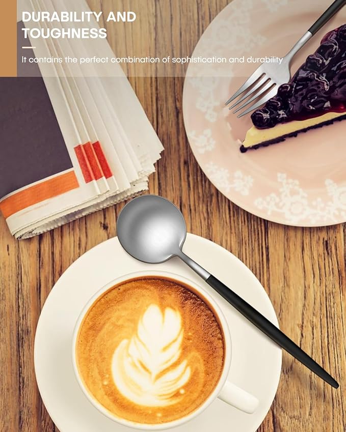 Silverware set for 6,Ollex 30-Piece Black and Silver Silverware Set include Knives Forks Spoons Matte Flatware Set Food-Grade Stainless Modern Utensil Cutlery Set with Stain Finished,Dishwasher Safe