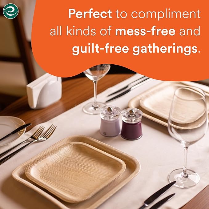 ECO SOUL Compostable 7 & 10 Inch Palm Leaf Square Plates (100 Count) Like Bamboo Plates | Biodegradable | Eco-Friendly, Microwave & Oven Safe - Party Pack