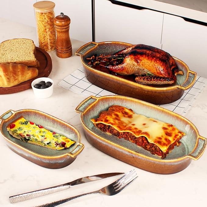 11"x7" Oval Casserole Dish, 1.8 Qt Ceramic Au gratin Baking Dish, Baking Pan with Handles or for mixing, salad, pasta plate, Best gift for those who love baking, Microwave, Oven safe