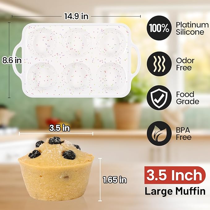 CAKETIME Large Muffin Pan, Metal Reinforced Frame 3.5 Inch Jumbo Silicone Muffin Pan Nonstick 6 Cups for Baking Jumbo Muffin, Frittatas, Jumbo Cupcakes 2 Pack