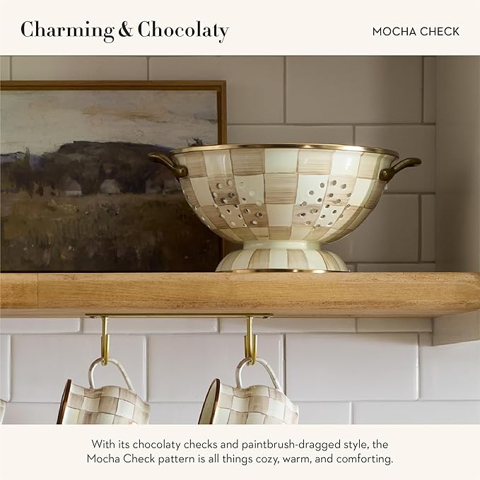 MACKENZIE-CHILDS Enamel Colander, Decorative Kitchen Strainer, Large, Brown-and-White Mocha Check