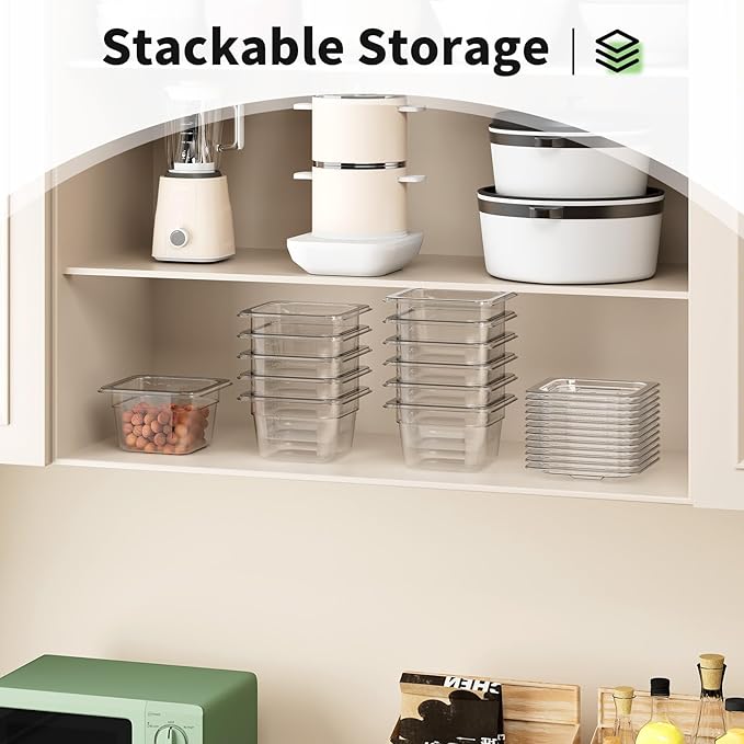 1/6 4" 6 Pack Plastic Food Pans With Lids, Clear Food Pan, Commercial Stackable Polycarbonate Freezer-Safe for Fruits Vegetables Restaurant Kitchen