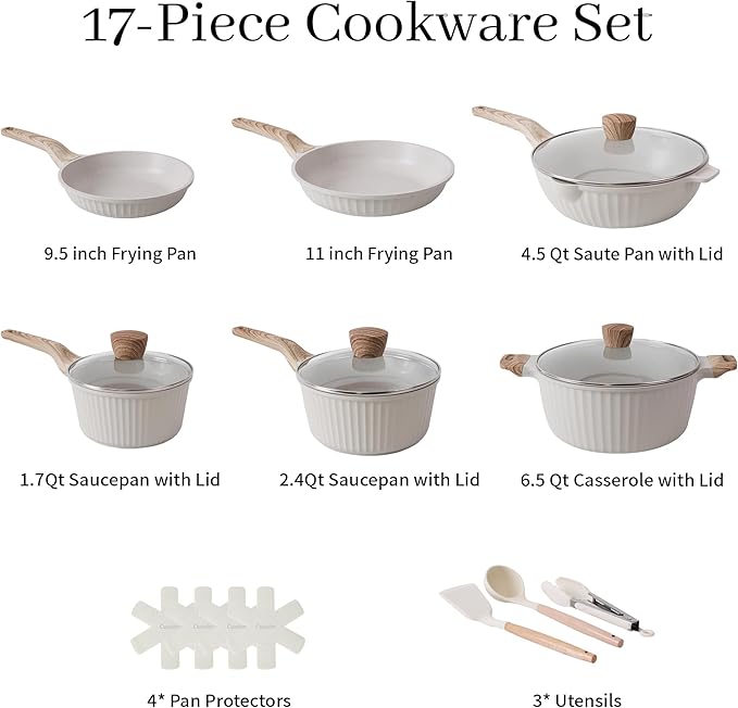 Pots and Pans Set Non Stick, 17Pcs Kitchen Cookware Sets, Granite Stone Induction Cookware Non Stick Cooking Set w/Frying Pans, Saucepans, Sauté Pan (PFOA Free), Cream White