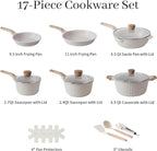 Pots and Pans Set Non Stick, 17Pcs Kitchen Cookware Sets, Granite Stone Induction Cookware Non Stick Cooking Set w/Frying Pans, Saucepans, Sauté Pan (PFOA Free), Cream White