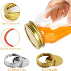 Mason Jars 16 oz 12Pack with 6 Extra Lids, Glass Pint Canning Jars 16 oz - 16oz mason jars with silver lids and extra 6 gold lids for Canning/Preserving/Meal Prep