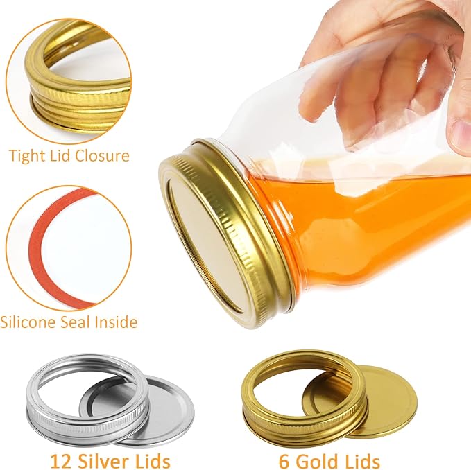 Mason Jars 16 oz 12Pack with 6 Extra Lids, Glass Pint Canning Jars 16 oz - 16oz mason jars with silver lids and extra 6 gold lids for Canning/Preserving/Meal Prep