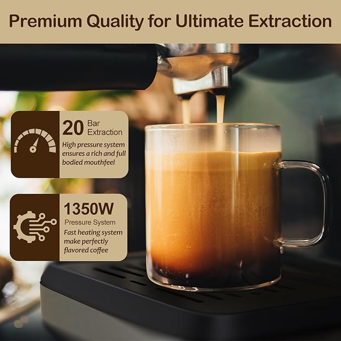 Espresso Machine with Milk Frother, 20 Bar Espresso Maker for Cappuccino&Latte, Compact Coffee Maker for Home&Office, 50oz Removable Water Tank, Stainless Steel