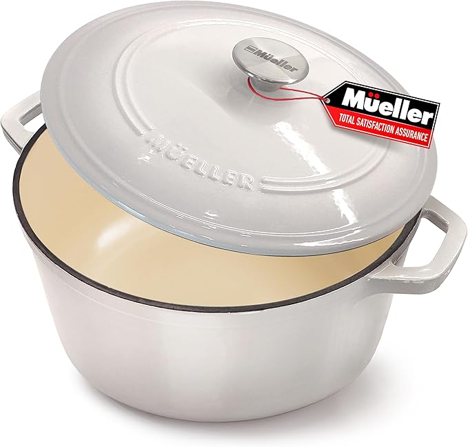 MÜELLERHOME 4.5 QT Enameled Cast Iron Dutch Oven, Heavy-Duty Casserole Dish and Braiser Pan with Lid and Stainless Knob, Oven-Safe up to 500° F & Across All Cooktops, Oyster White