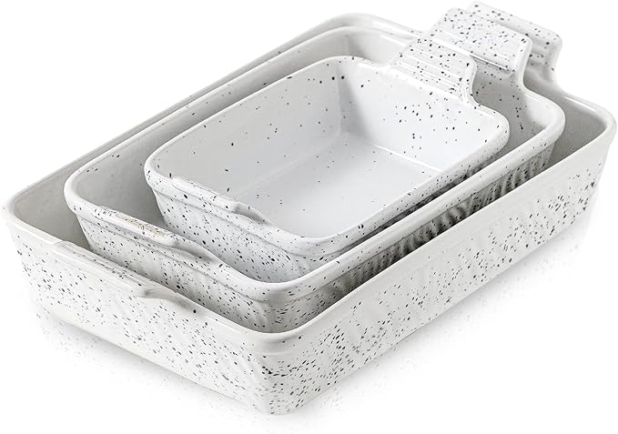 KOOV Bakeware Set, Ceramic Baking Dish, Rectangular Lasagna Pans for Cooking, Cake Dinner, Kitchen, 9 x 13 Inches, 3-Piece, Splash Series (Splashed White)