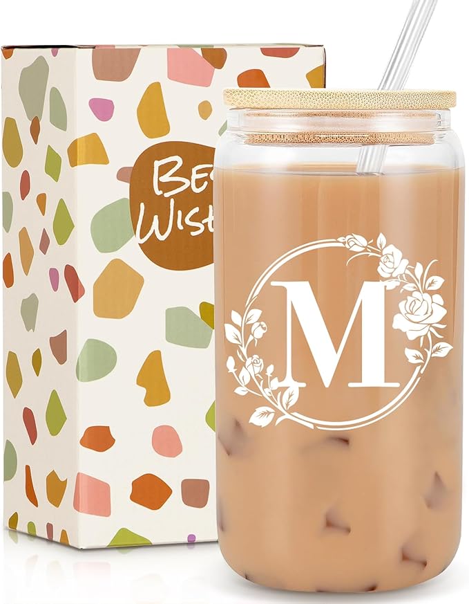Birthday Gifts for Women, Monogrammed Initial Glass Cup Personalized Gifts for Women, 16oz Glass Cups with Lids and Straws, Iced Coffee Cup, Beer Can Shaped Glass - Gifts for Christmas, Birthday, M