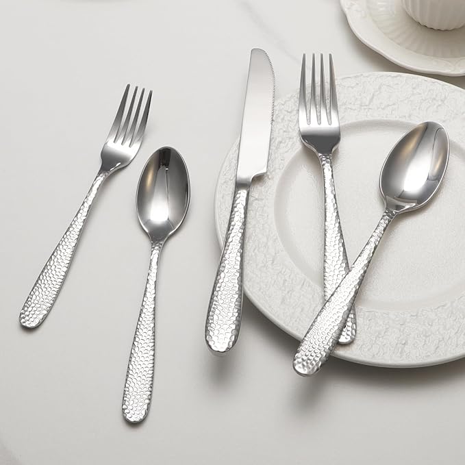 Hammered Silverware Set, 20 Piece Stainless Steel Heavy Duty Flatware Set for 4, Food-Grade Tableware Cutlery Set for Home Restaurant, Mirror Polished, Dishwasher Safe