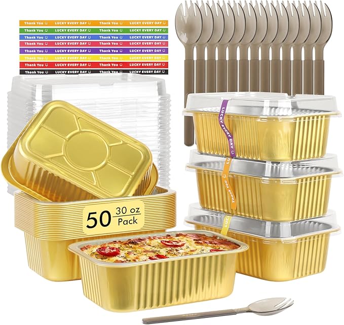 LNYZQUS 50 Pack 30oz Small Foil Pans with Lids, 7” x 5” Individual Baking Tins Deep Leftover Containers,Aluminum To Go Baked Food Containers Large Loaf Cake Pans Take Out Holders-Gold