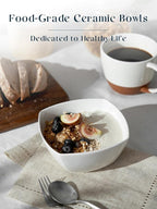 DOWAN Porcelain Soup Bowls Set of 6, 27 OZ Ceramic Square Cereal Bowls, Soft White Bowl, for Ice Cream and Dessert Snack, Wedding Party Gift, Microwave Safe Bowl
