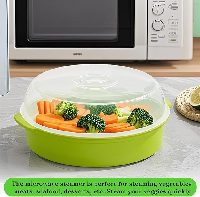Microwave Steamer for Vegetables, Plastic Microwave Vegetable Steamer with Lid for Vegetables Prep Seafood Fish Cooking, Green-Round, 10Inch