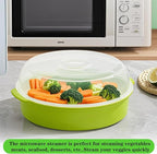 Microwave Steamer for Vegetables, Plastic Microwave Vegetable Steamer with Lid for Vegetables Prep Seafood Fish Cooking, Green-Round, 10Inch