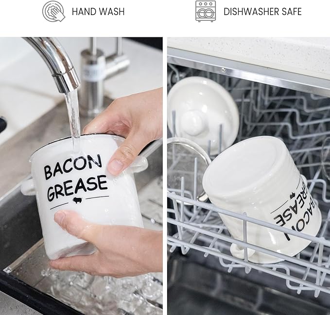 SOLIGT Ceramic Bacon Grease Container with Strainer - 600ml / 20oz Farmhouse Bacon Grease Keeper with Easy-Grip Handle, Bacon Fat Can for Grease Drippings and Storage - Creamy-white