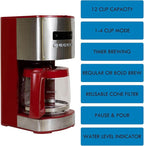 Kenmore Drip Coffee Maker - Programmable Cafe Machine With Glass Pot, Regular & Bold Brew, Auto Shut Off Large Water Reservoir, Reusable Filter, Kitchen Appliances For Cafeteria Barista, 12 Cup Red