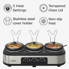 3 * 1.5 Quarts Triple Slow Cooker, Buffet Server & Warmer with 3 Removable Ceramic Pots, 3 Adjustable Temp Settings & 3 Metal Lid Rests, Stainless Steel, Black