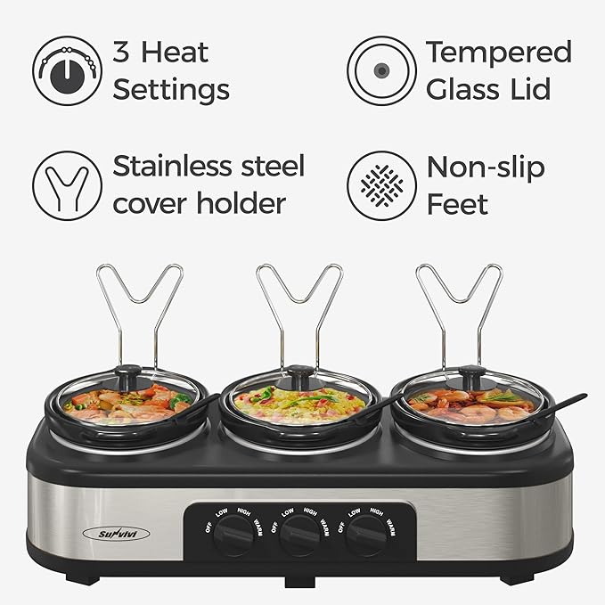 3 * 1.5 Quarts Triple Slow Cooker, Buffet Server & Warmer with 3 Removable Ceramic Pots, 3 Adjustable Temp Settings & 3 Metal Lid Rests, Stainless Steel, Black