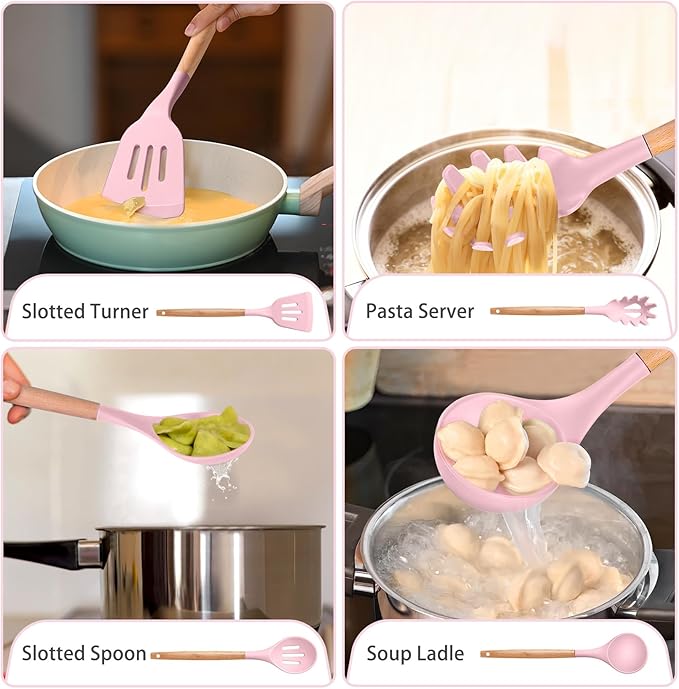 P&P CHEF Silicone Cooking Utensils Set, 8-Piece Kitchen Cooking Utensil with Wooden Handle, Silicone Spatula for Nonstick Cookware, Heat-proof & Easy Clean, Pink