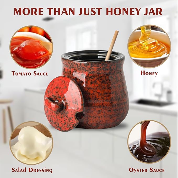 Hasense 12-Ounce Honey Jar with Lid and Wooden Dipper, Ceramic Honey-Dipper Stick and Jar Set, Red Small Honey-Container for Holiday Gift, Dishwasher Safe